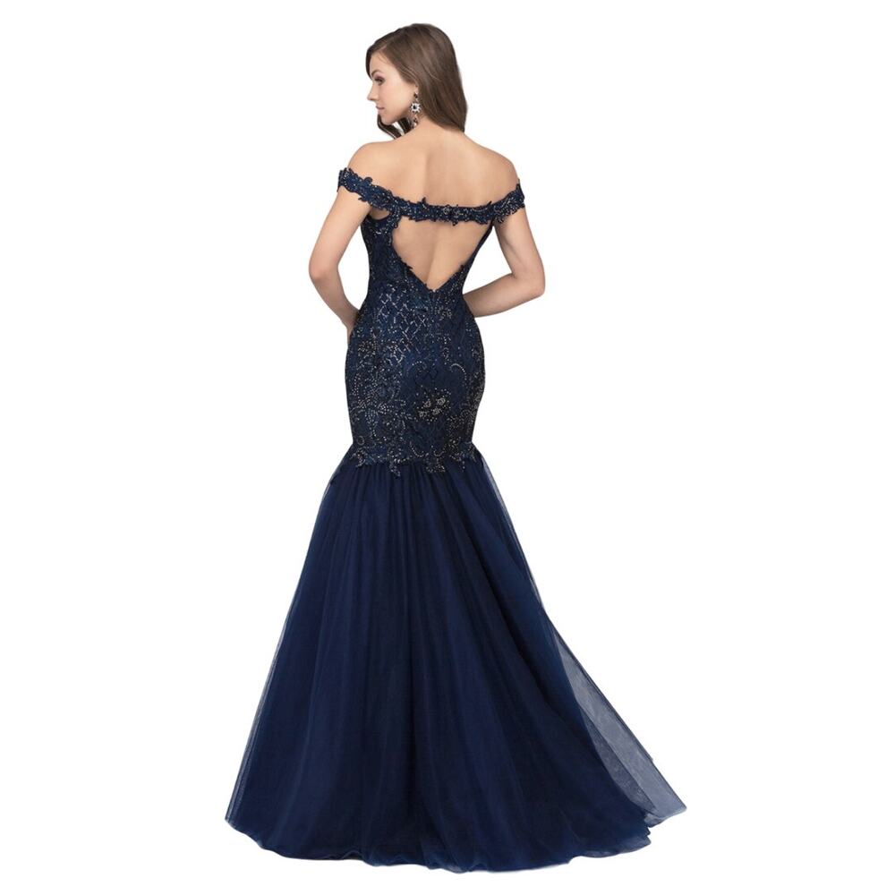 NWT Lucci Lu 28062, Off the Shoulder Navy Trumpet Tulle Gown Beaded, 8 - Picture 2 of 8